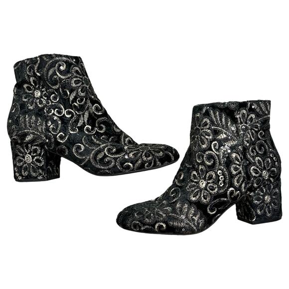 Aldo Shoes - Aldo Sequin Gold Black Velvet Floral Brocade Block Heel Ankle Boots size 8.5